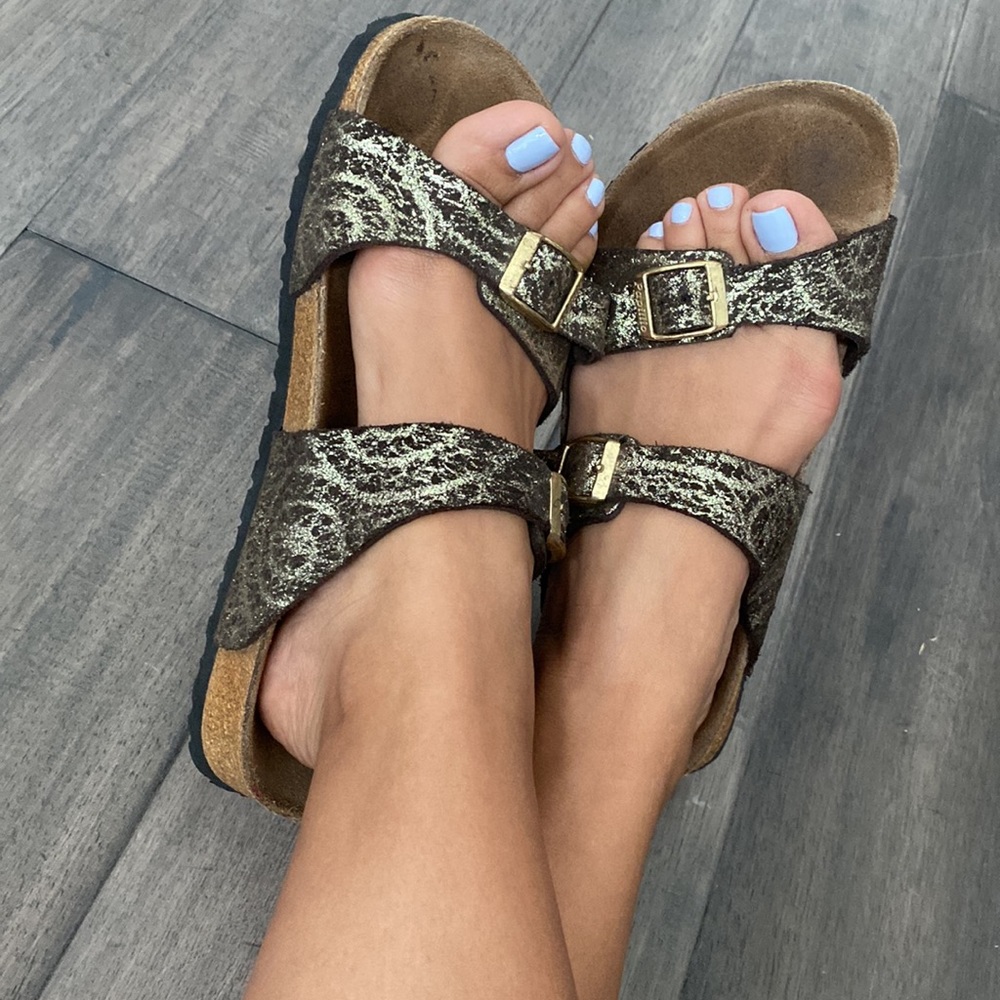 Birkenstock Papillio Arizona Gold Crackle Sandals W7 M5 Unisex - Picture 16 of 17
